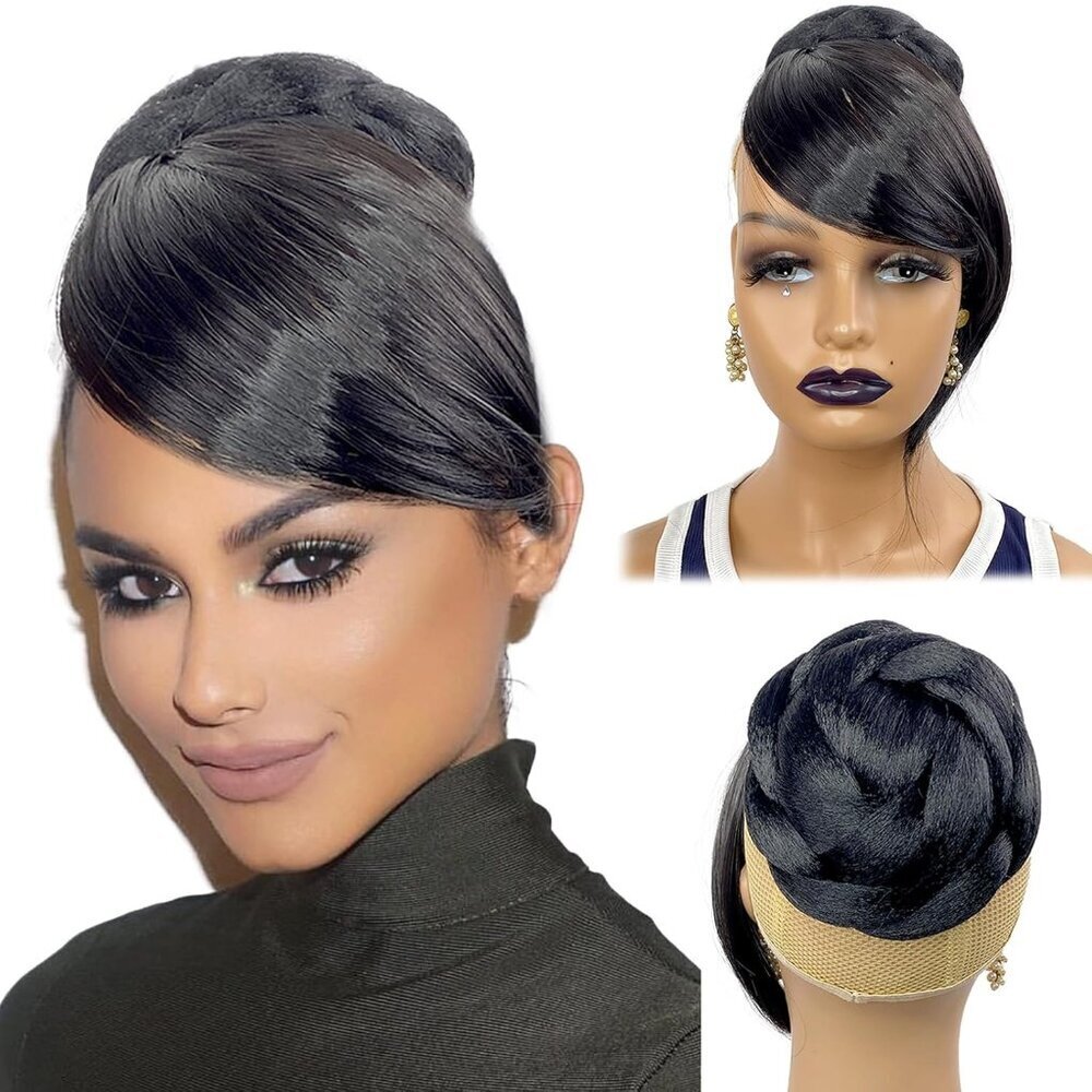 Hair Extension Bun with Bang Set Synthetic Black Large Twist Braided Style